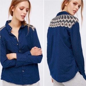 Free people Women's Blue Polka Dot Button-Up Shirt
